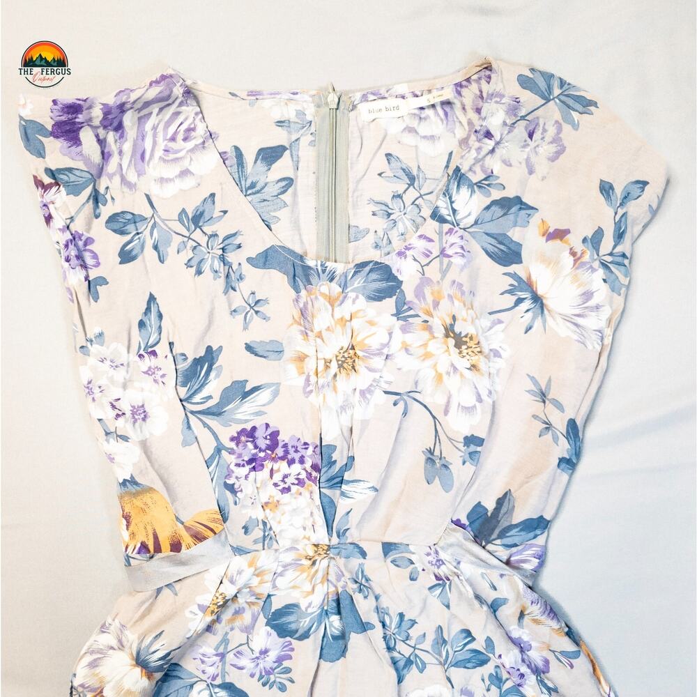 Blue Bird One-Piece Romper Cream Blue Lavender Floral Back Zip Women's Size S - Picture 3 of 9